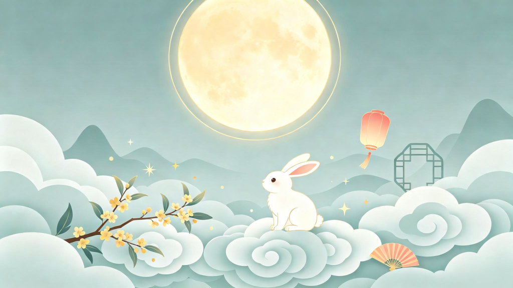 中秋玉兔浅色扁平风插画背景
