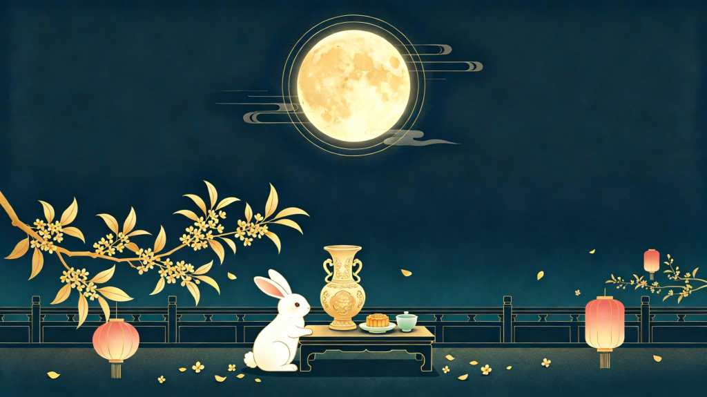 中秋玉兔扁平风插画背景