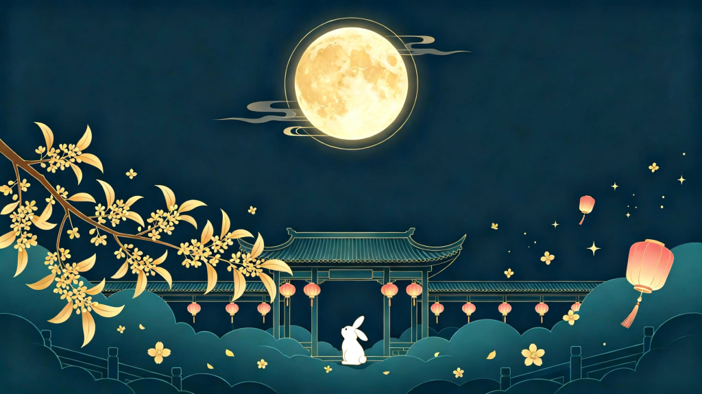 中秋玉兔扁平风插画背景