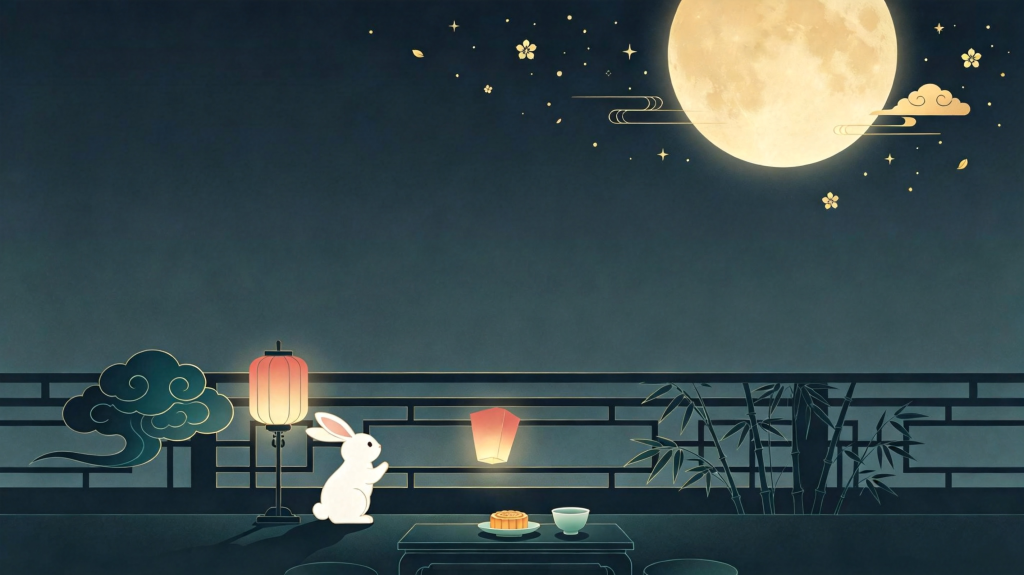 中秋玉兔扁平风插画背景