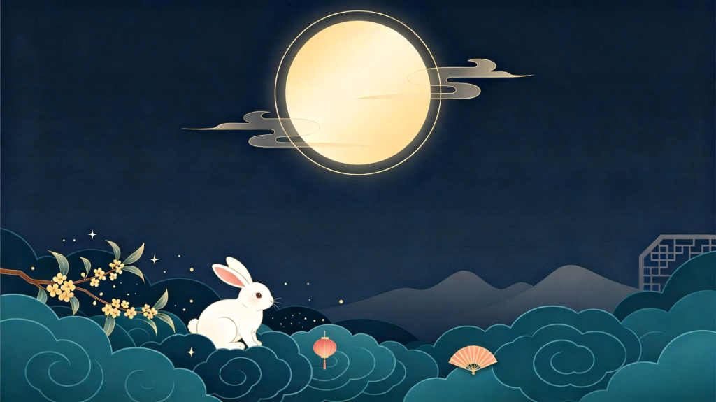 中秋玉兔扁平风插画背景
