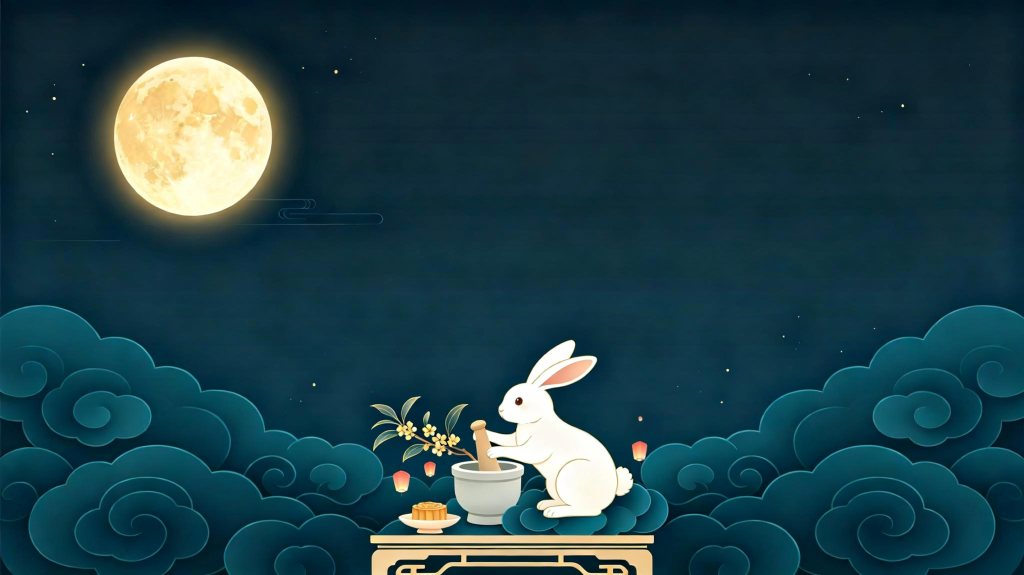 中秋玉兔扁平风插画背景