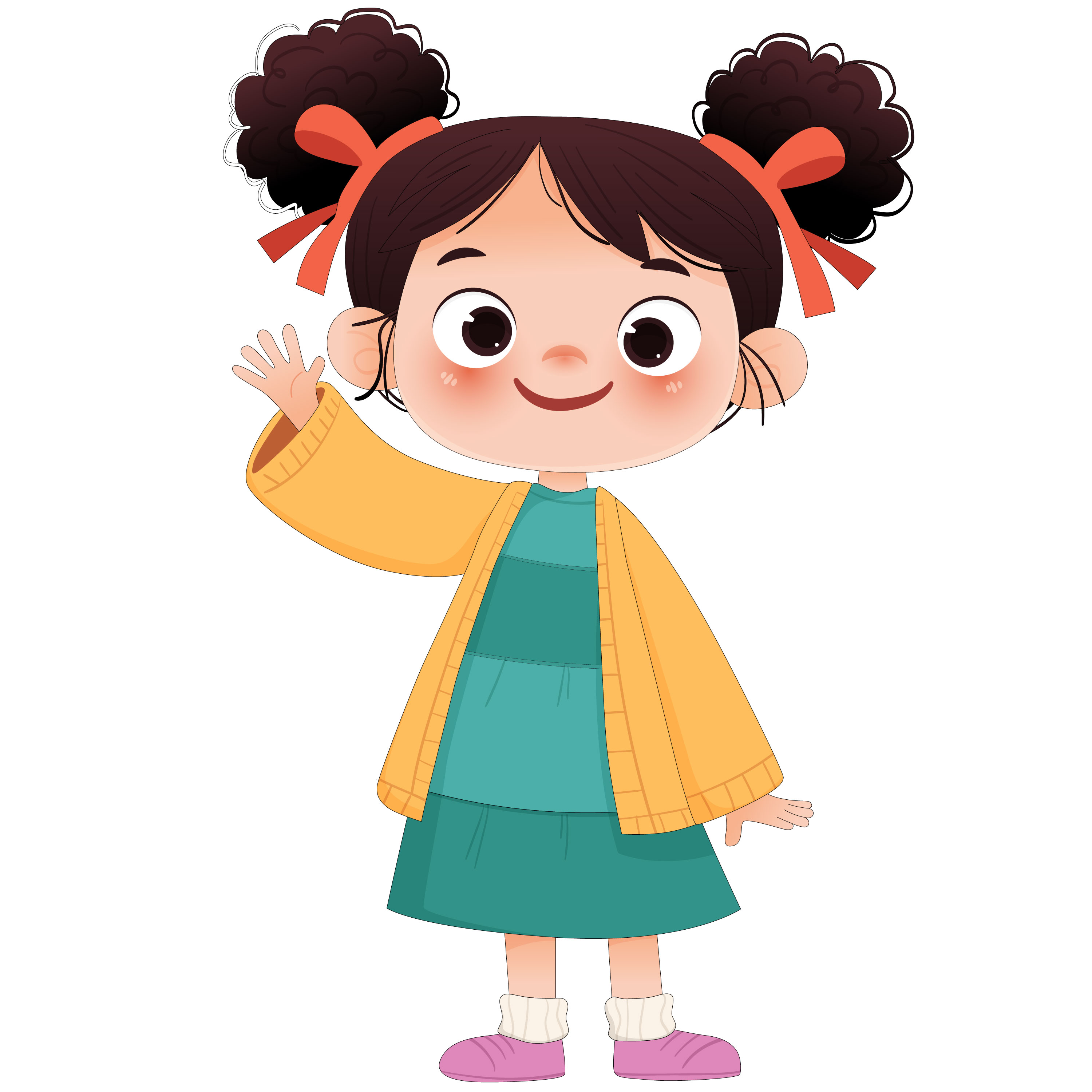 秋季扎丸子头挥手小女孩卡通儿童插画