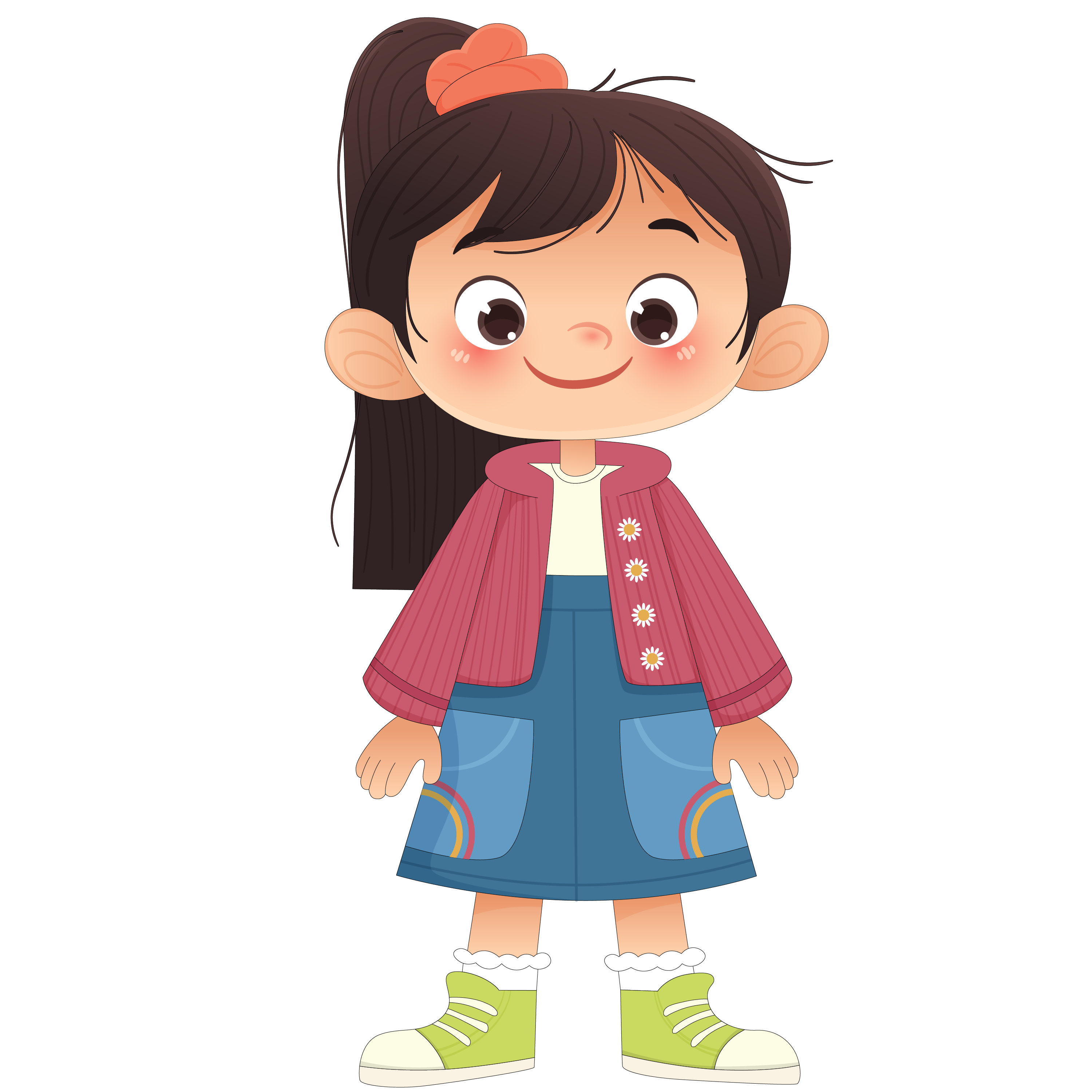 马尾辫粉色外套可爱小女孩卡通儿童插画