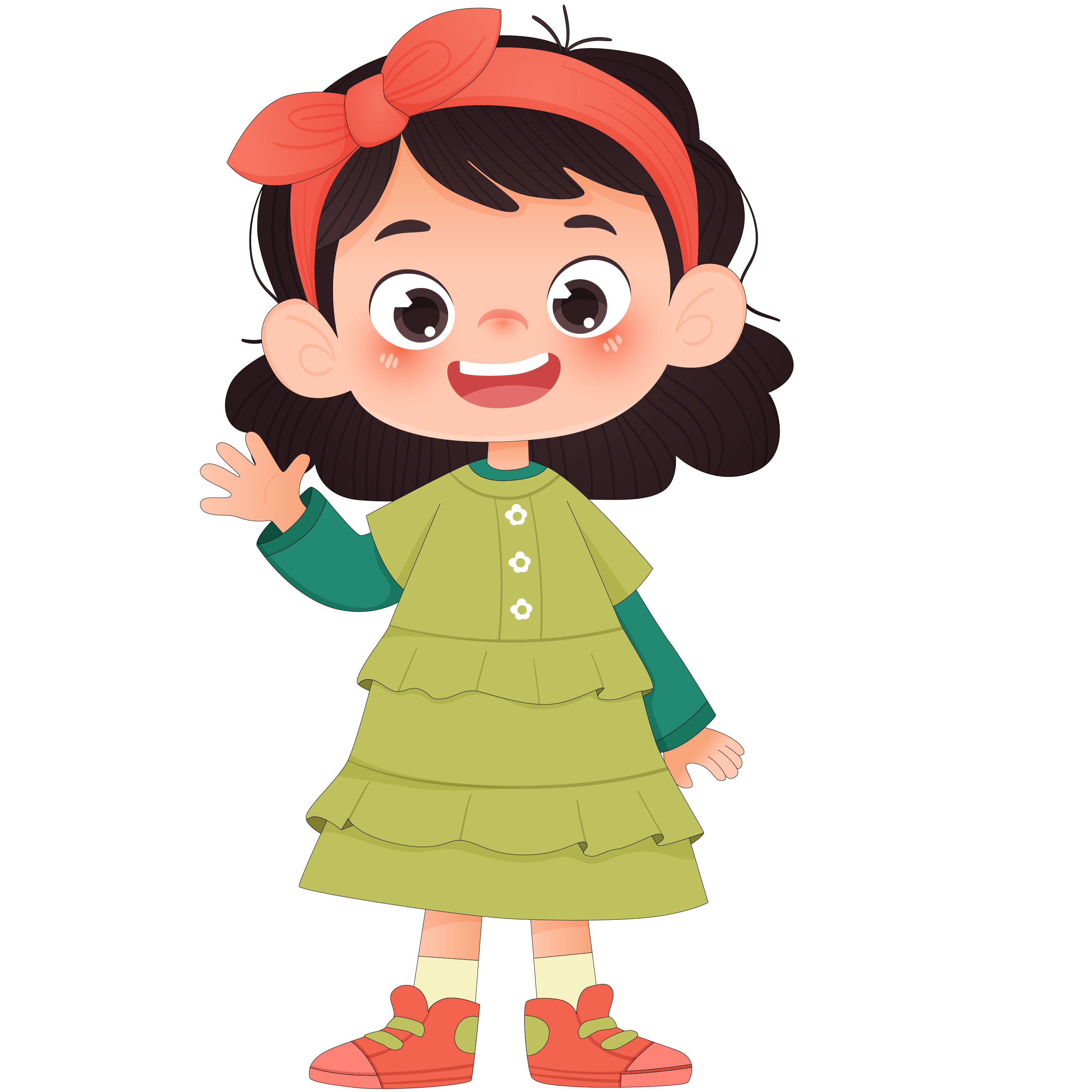 穿裙子打招呼可爱小女孩卡通儿童插画