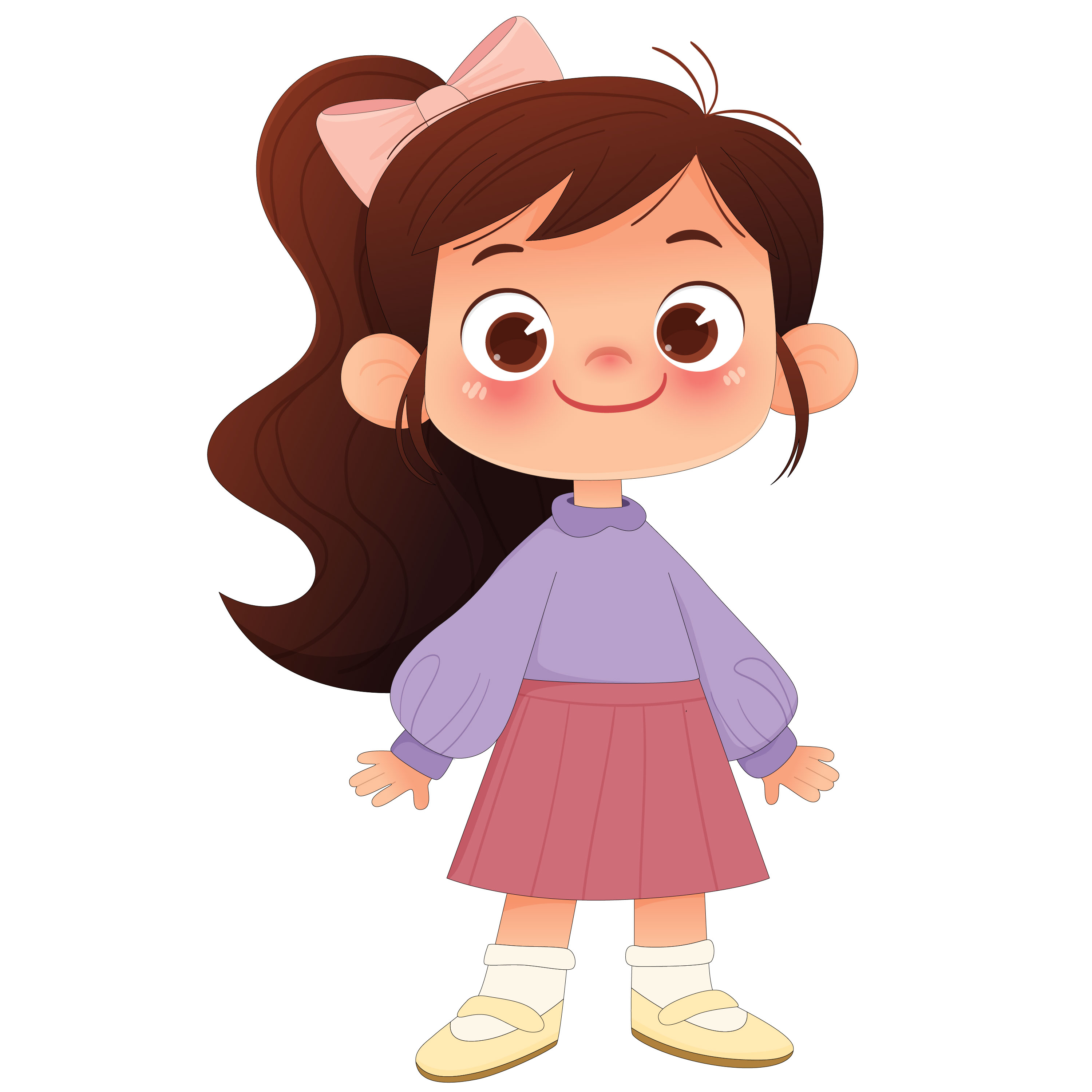 戴蝴蝶结长马尾紫色卫衣小女孩卡通儿童插画