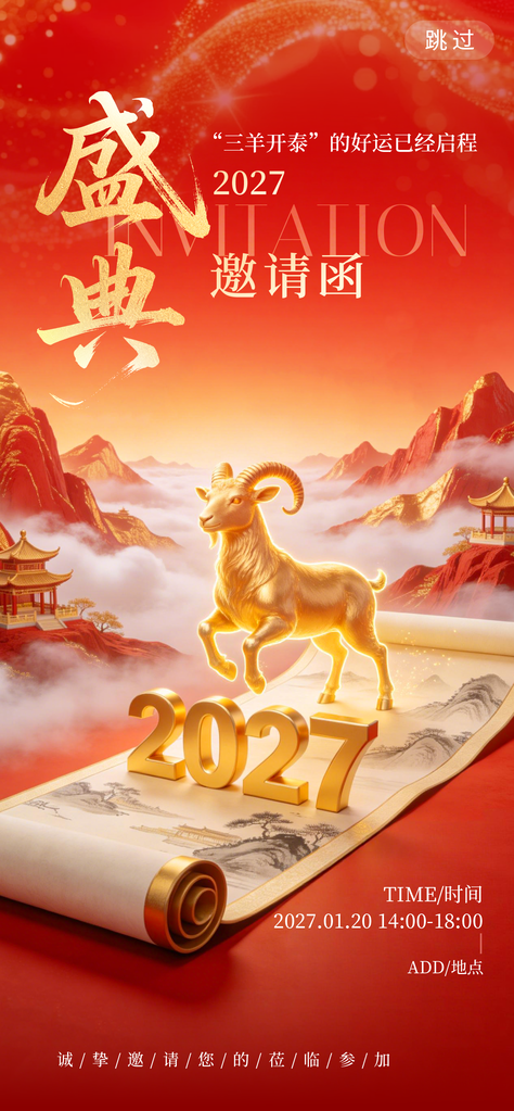羊年新年春节企业年会盛典邀请函海报