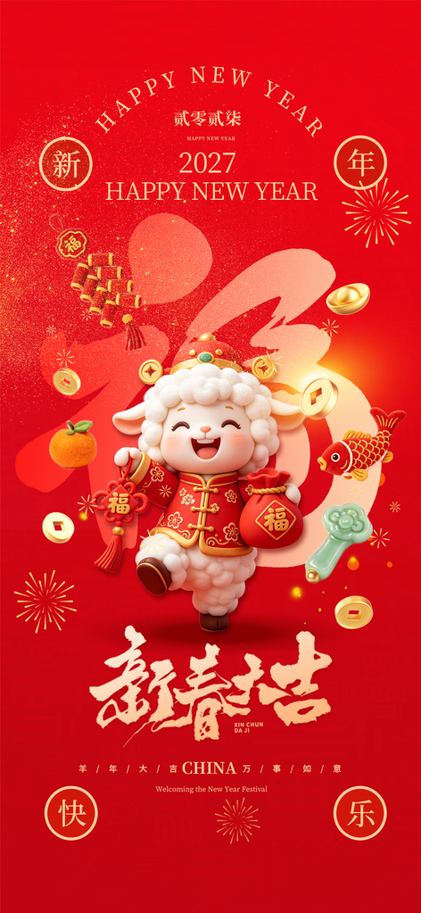 2027羊年新年春节喜庆节日海报设计