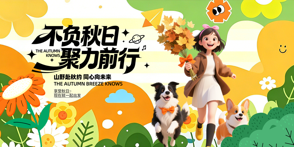 遛狗秋日秋天出游市集露营秋游秋季旅游海报