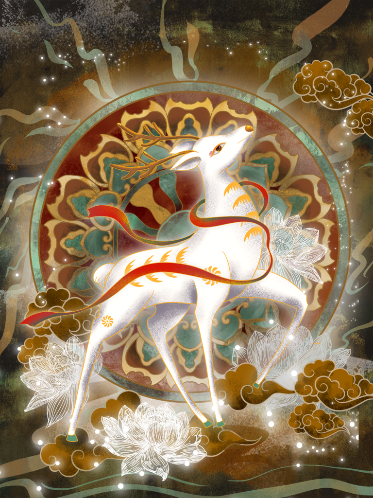 敦煌九色鹿插画中国风动物神话