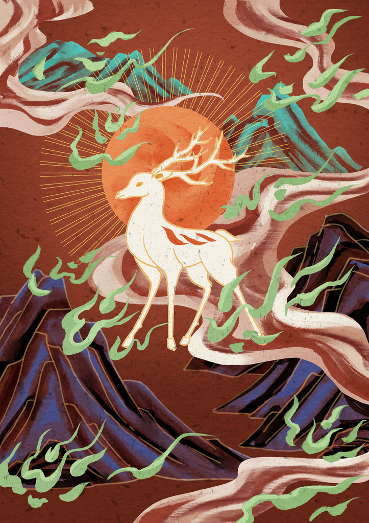 敦煌九色鹿插画中国风动物神话