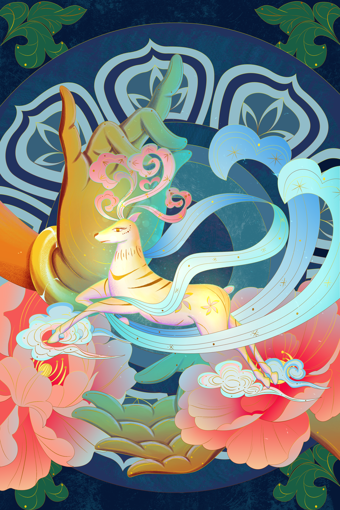 敦煌九色鹿插画中国风动物神话