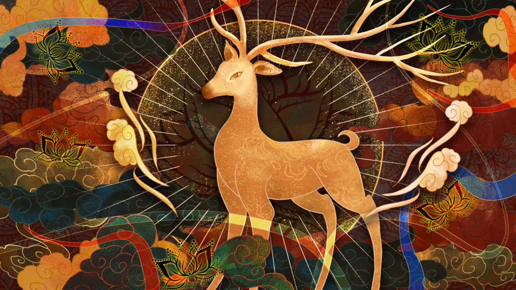 敦煌九色鹿插画中国风动物神话古代