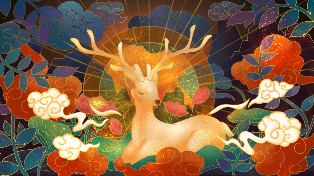 敦煌九色鹿插画中国风动物神话古代