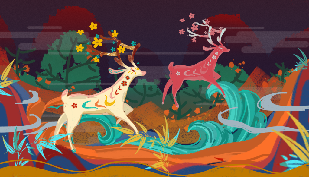 敦煌九色鹿插画中国风动物神话古代
