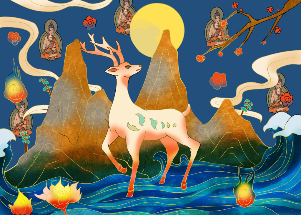 敦煌九色鹿插画中国风动物神话古代