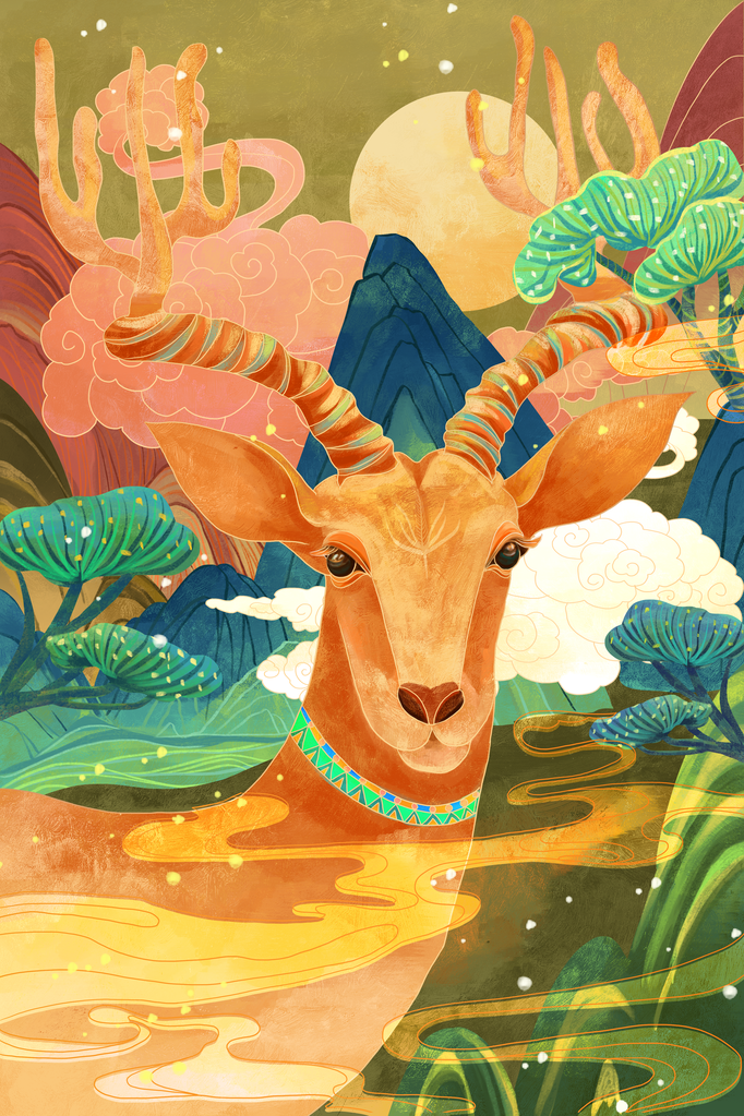 敦煌九色鹿插画中国风动物神话古代