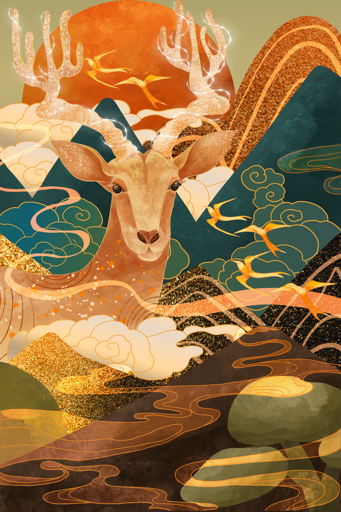 敦煌九色鹿插画中国风动物神话古代