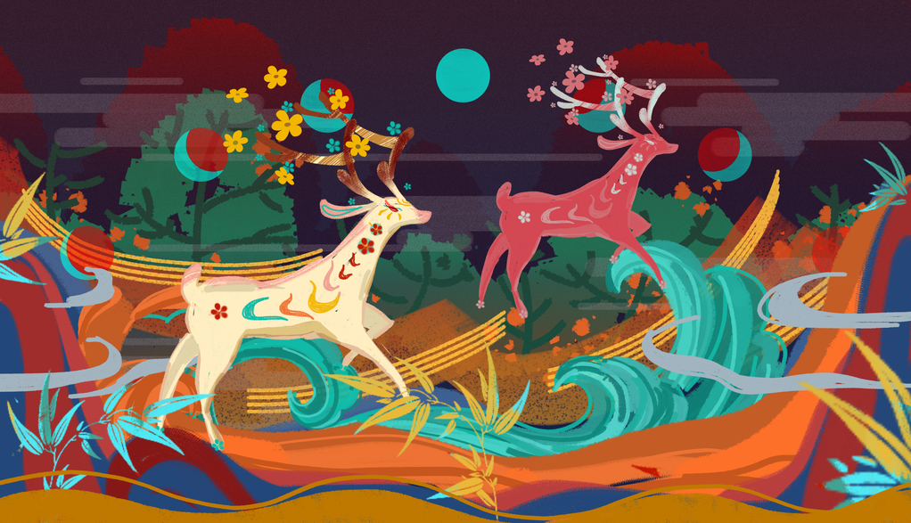 敦煌人物插画壁画中国风动物神话
