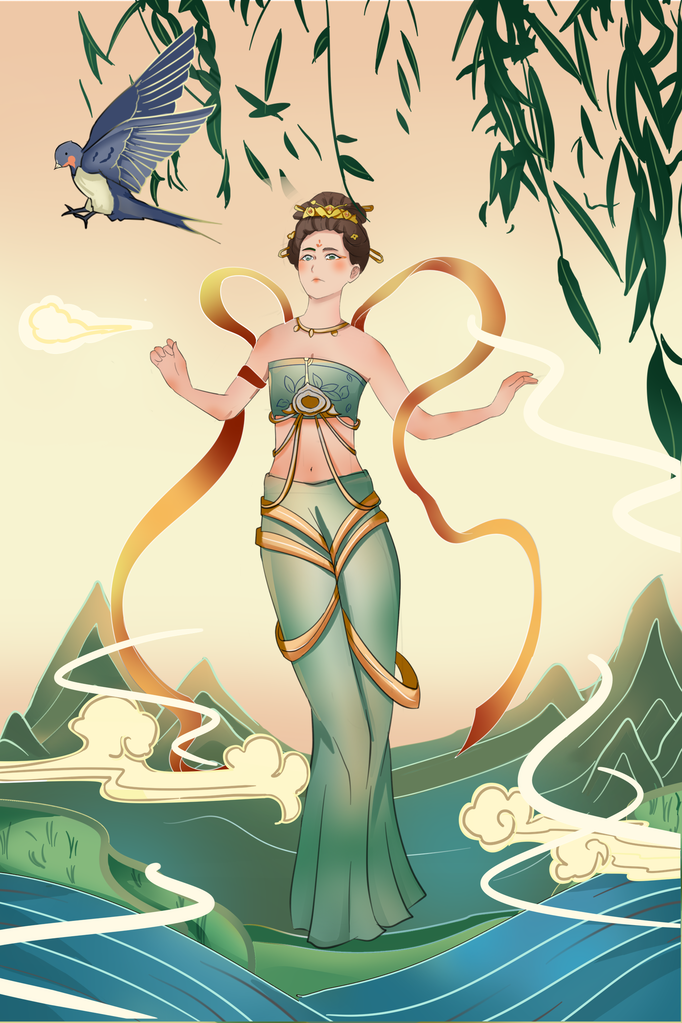 国潮敦煌飞天神话人物插画壁画