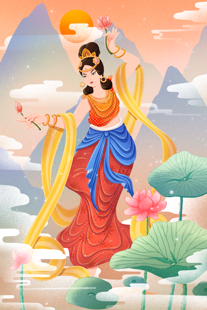 国潮敦煌飞天神话人物插画壁画