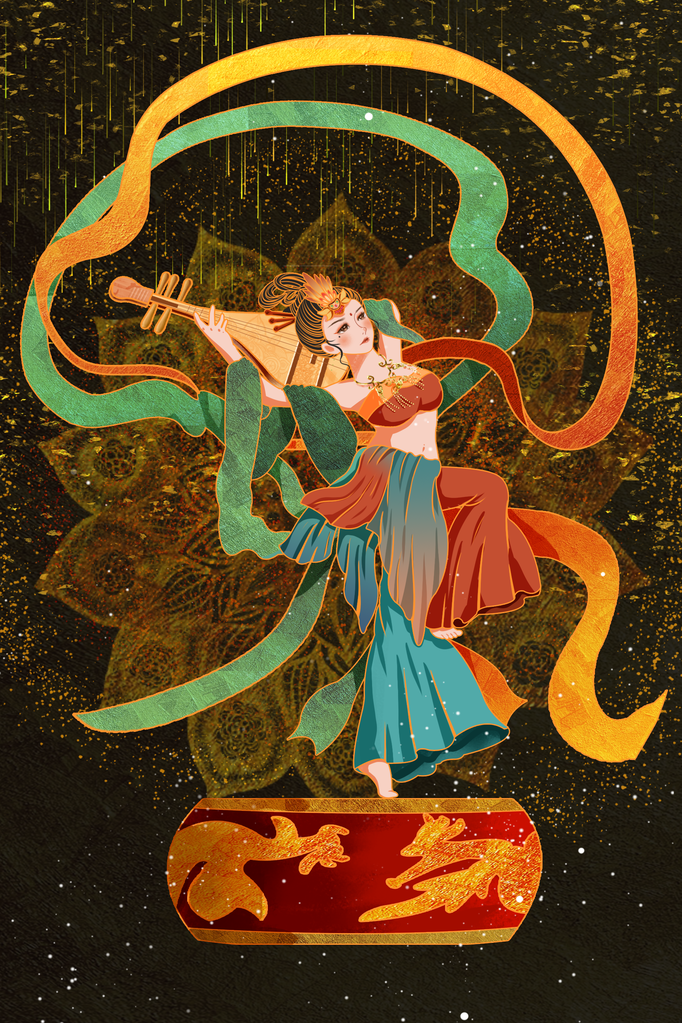 国潮敦煌飞天神话人物插画壁画