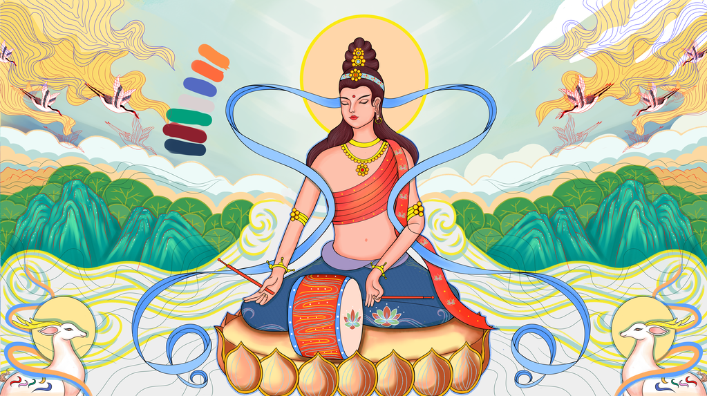 国潮敦煌飞天神话人物插画壁画