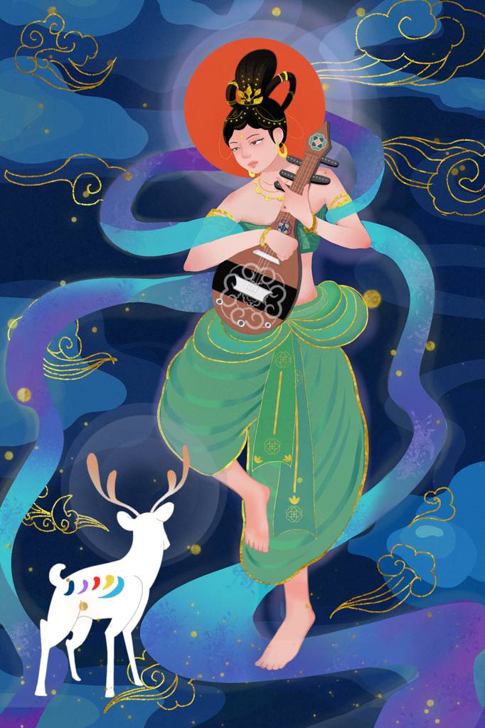 国潮敦煌飞天神话人物插画壁画