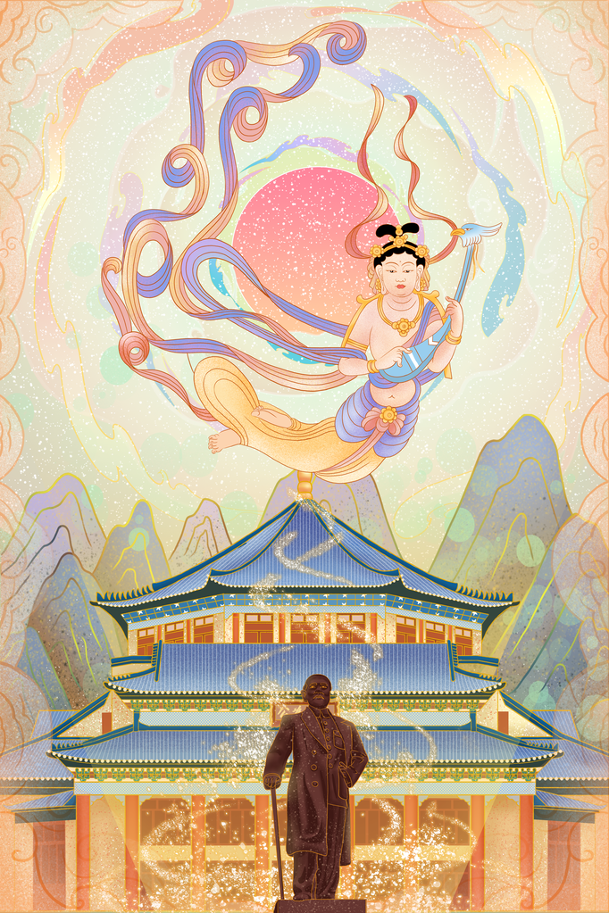 国潮敦煌飞天神话人物插画壁画
