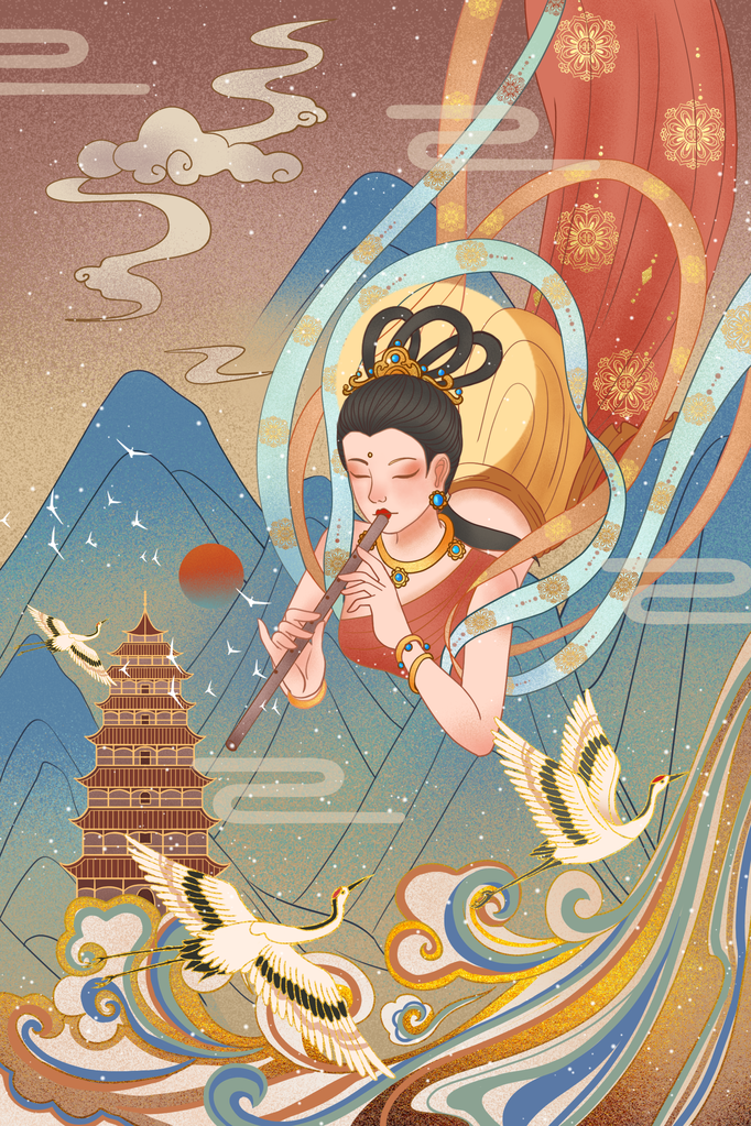 国潮敦煌飞天神话人物插画壁画