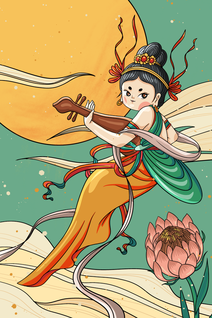 国潮敦煌飞天神话人物插画壁画