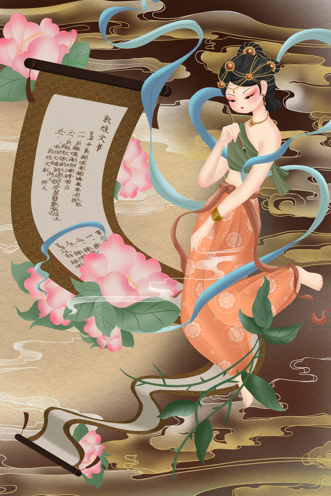 国潮敦煌飞天神话人物插画壁画