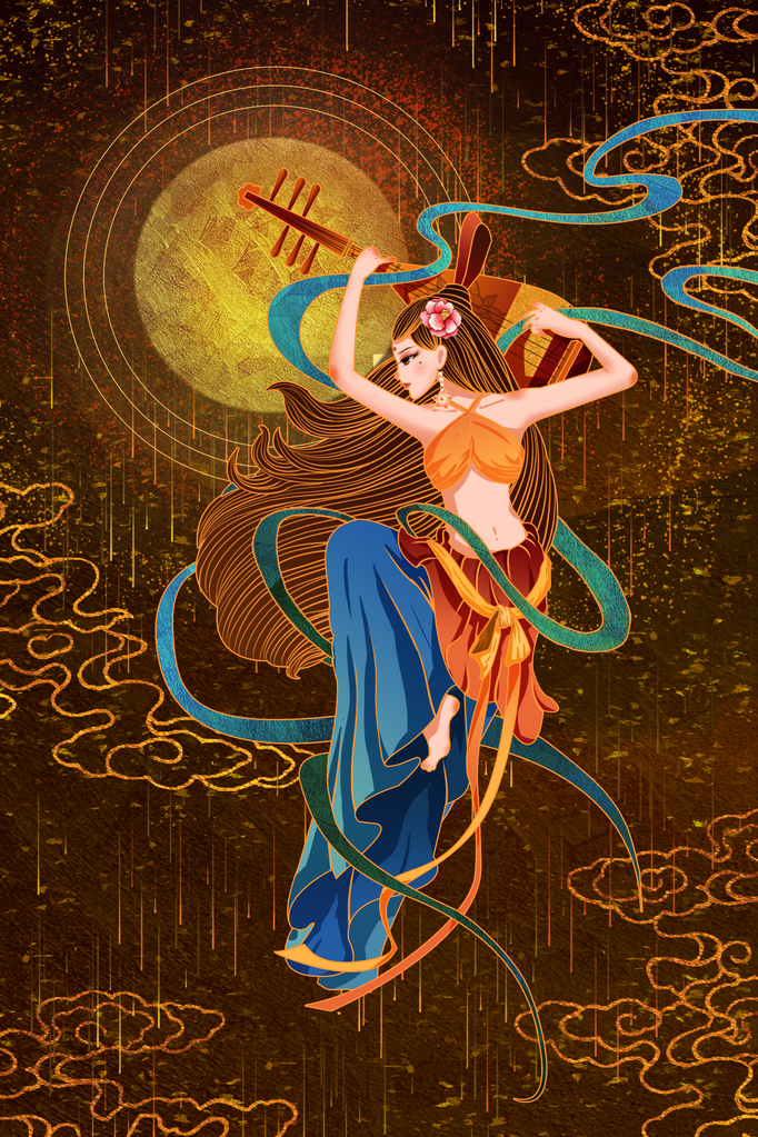国潮敦煌飞天神话人物插画壁画