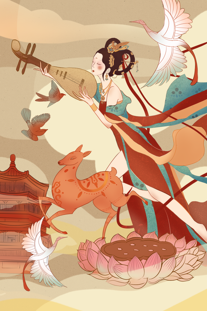 国潮敦煌飞天神话人物插画壁画