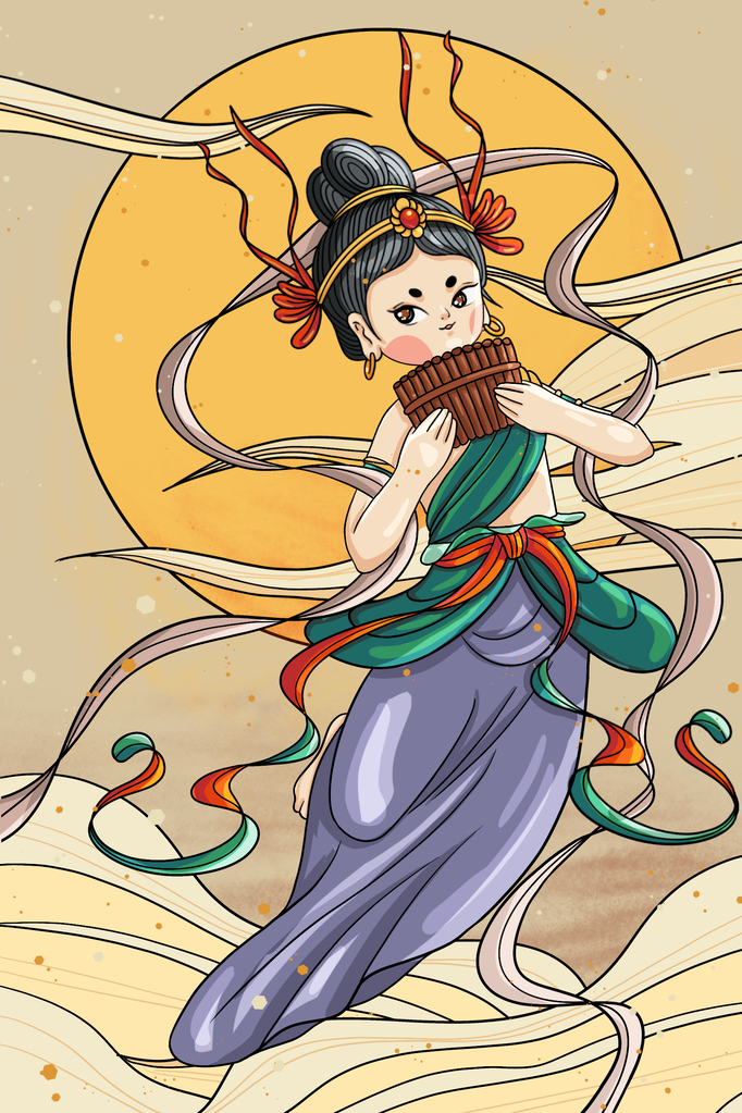 国潮敦煌飞天神话人物插画壁画