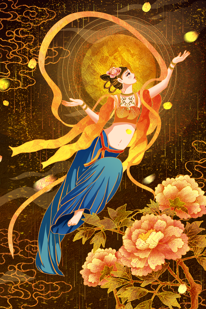 国潮敦煌飞天神话人物插画壁画