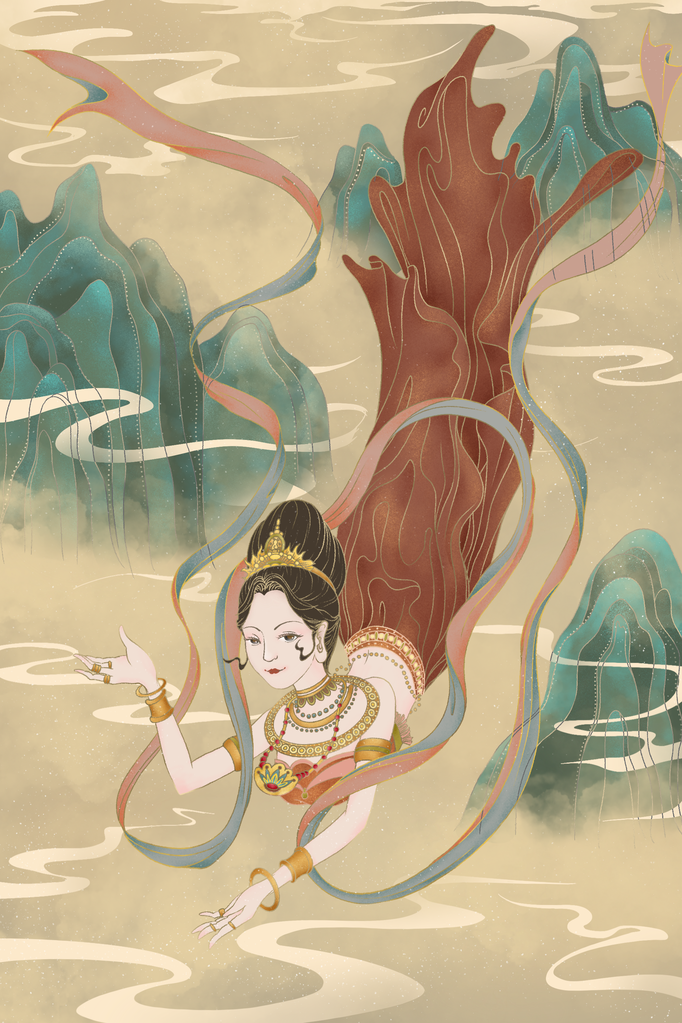 国潮敦煌飞天神话人物插画壁画