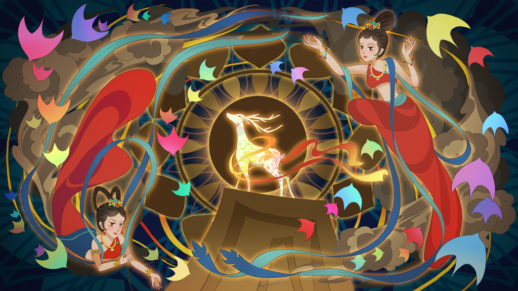国潮敦煌飞天神话人物插画壁画