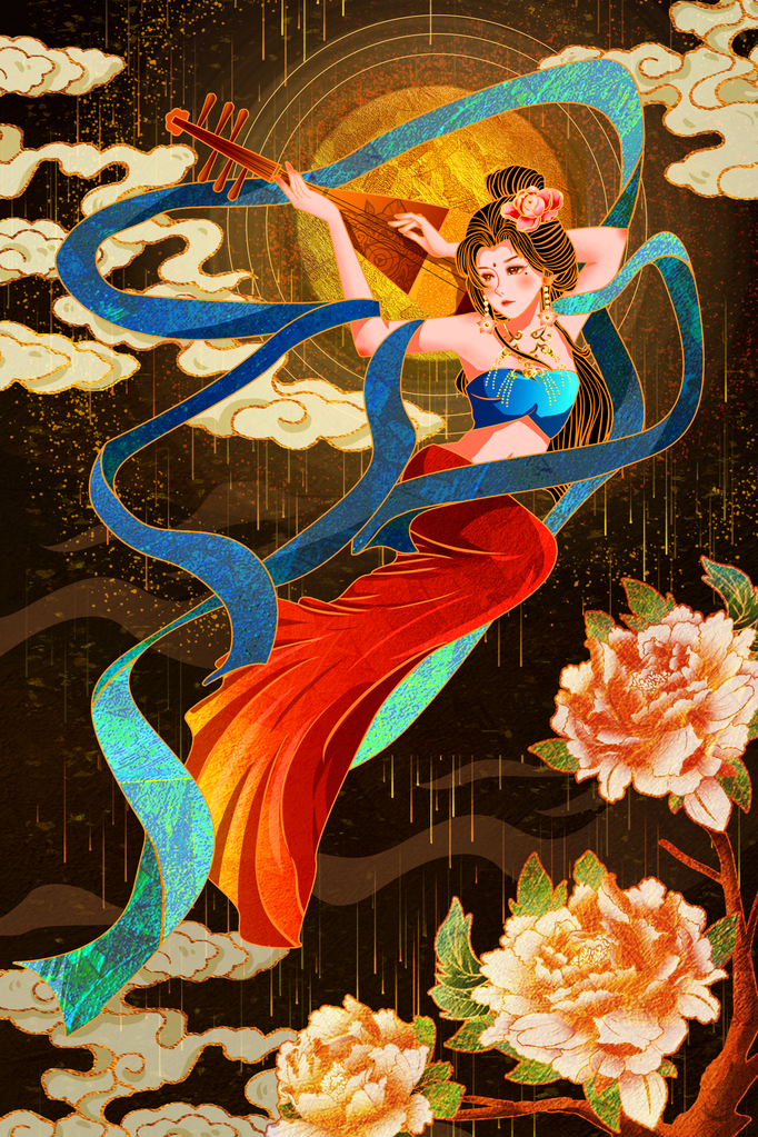 国潮敦煌飞天神话人物插画壁画