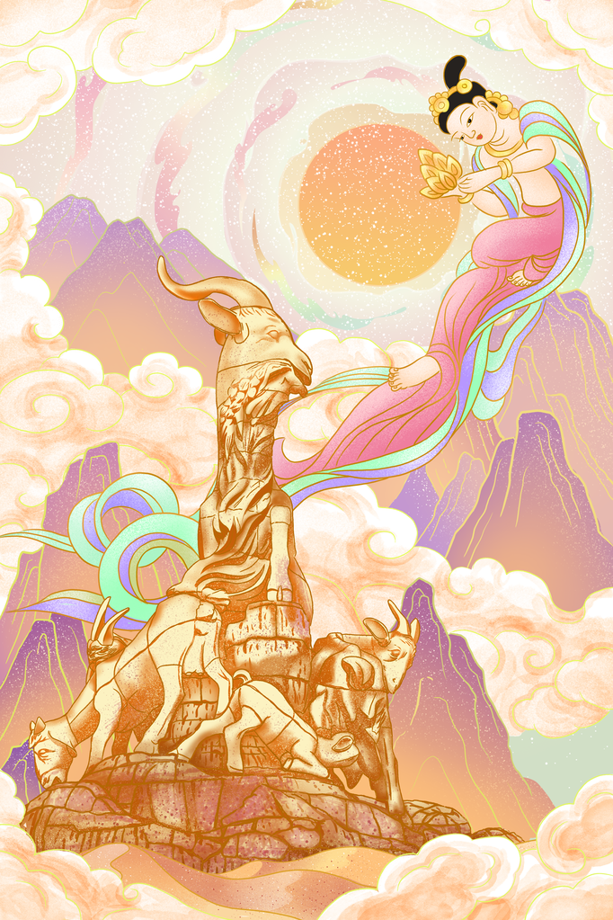 国潮敦煌飞天神话人物插画壁画