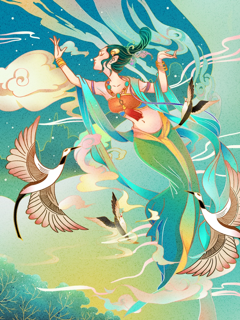 国潮敦煌飞天神话人物插画壁画