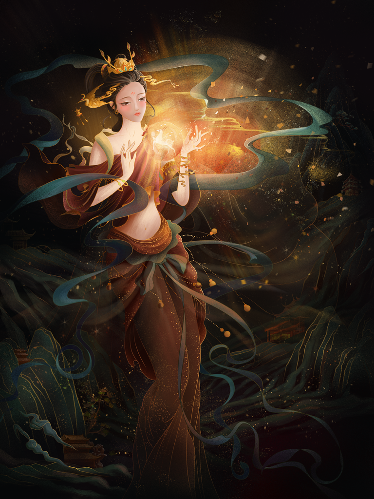 国潮敦煌飞天神话人物插画壁画