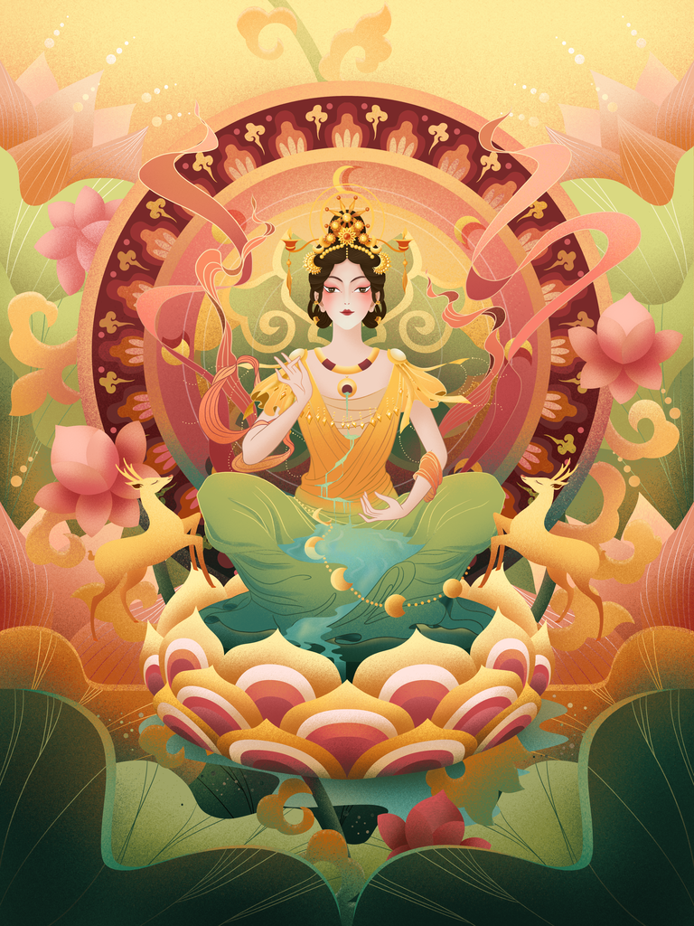国潮敦煌飞天神话人物插画壁画
