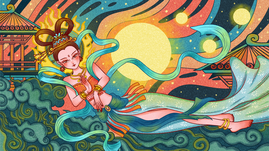 国潮敦煌飞天神话人物插画壁画