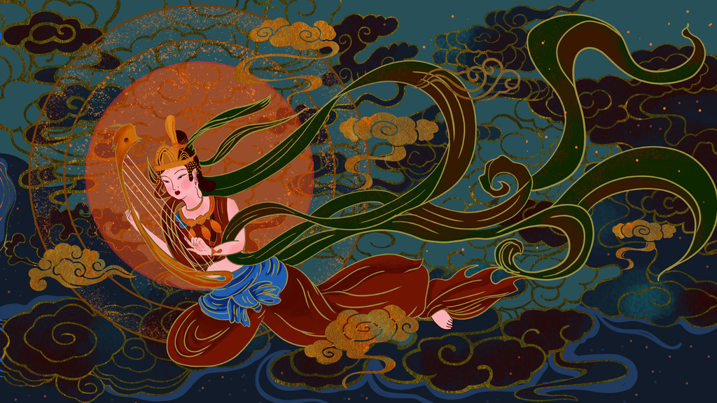 国潮敦煌飞天神话人物插画壁画