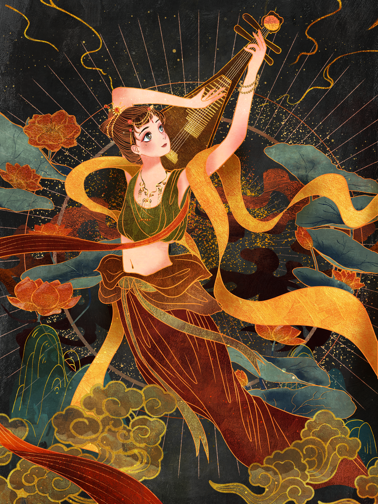 国潮敦煌飞天神话人物插画壁画