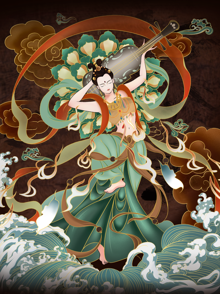 国潮敦煌飞天神话人物插画壁画