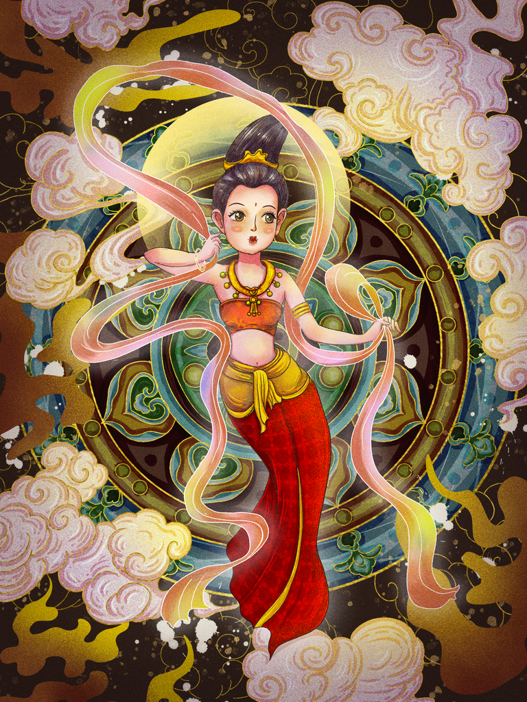 国潮敦煌飞天神话人物插画壁画