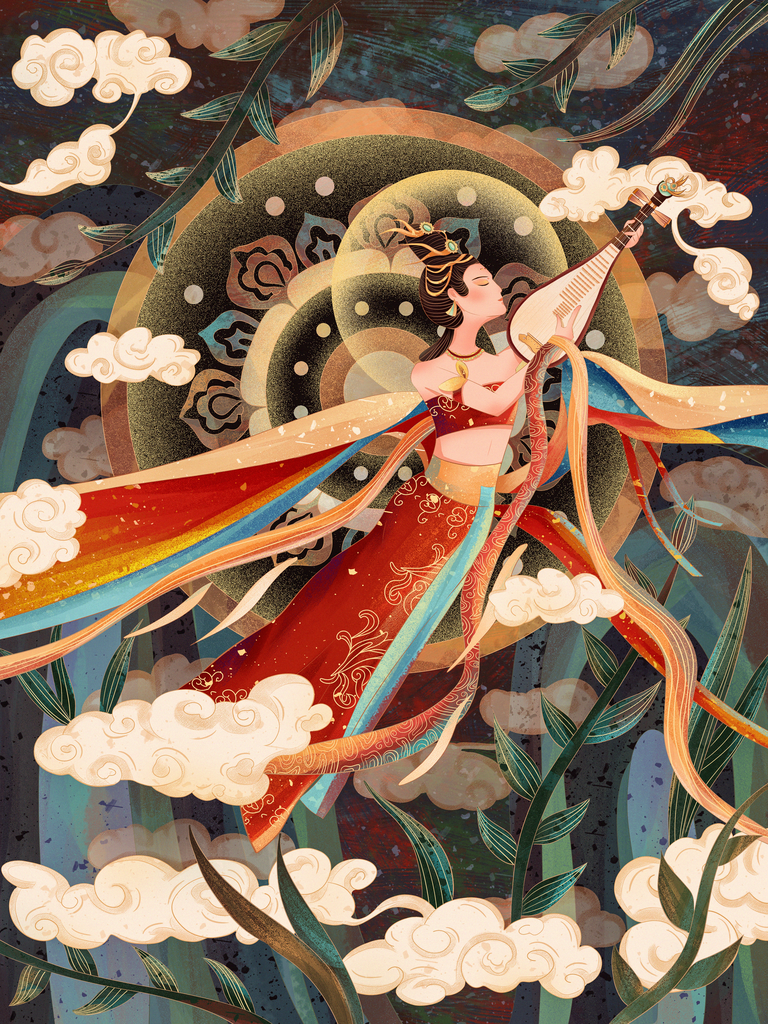 国潮敦煌飞天神话人物插画壁画