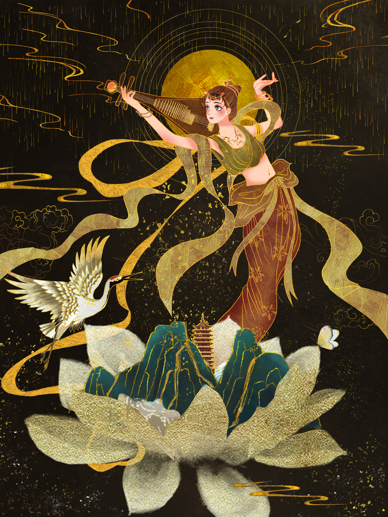 国潮敦煌飞天神话人物插画壁画